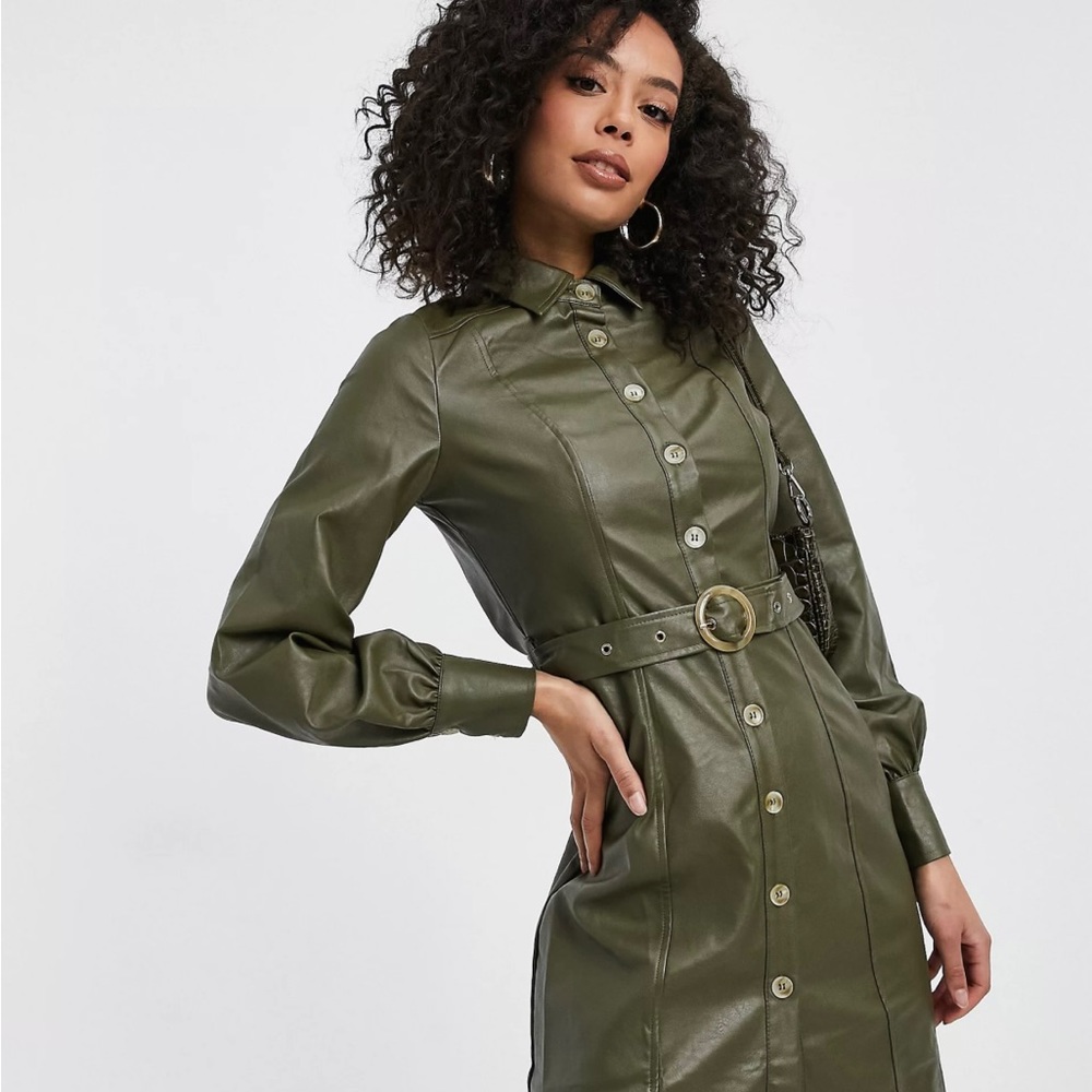 Violet Romance Tall belted PU shirt dress in khaki